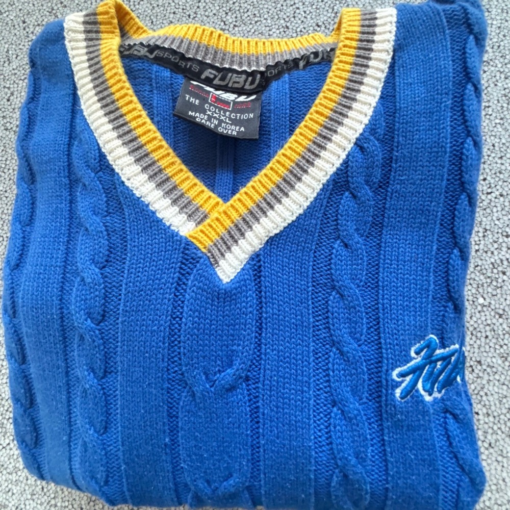 FUBU Sweater Vest Mens XXXL Blue Cable Knit V-Neck Striped VTG Tennis Golf - Picture 10 of 10